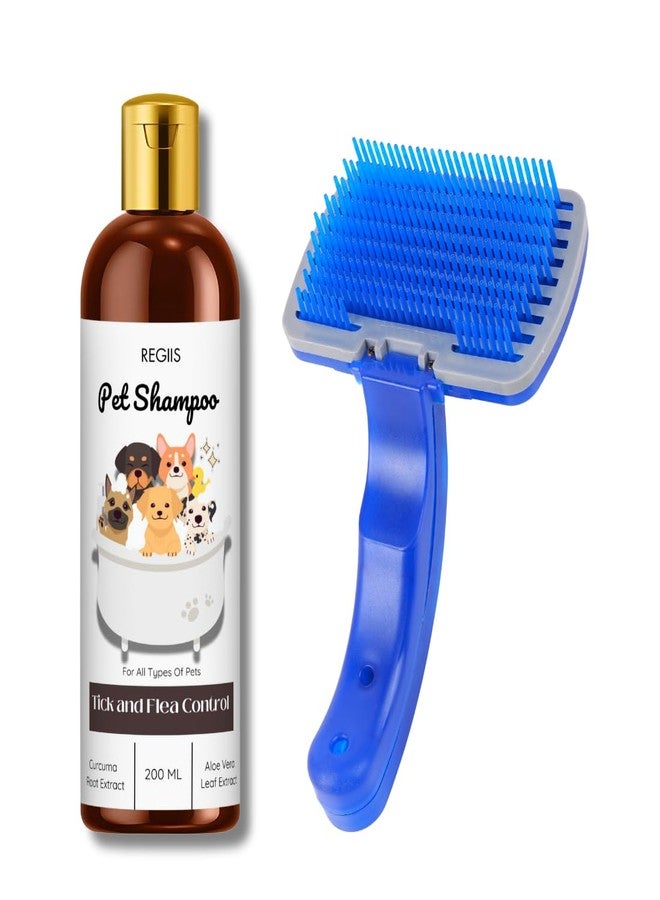 REGIIS Pet Shampoo with Tick and Flea Control, Natural Ingredients Curcuma and Aloe Vera, 200 ML with Self-Cleaning Pet Brush, for All Types of Pets(Pack of 2) - Image 1